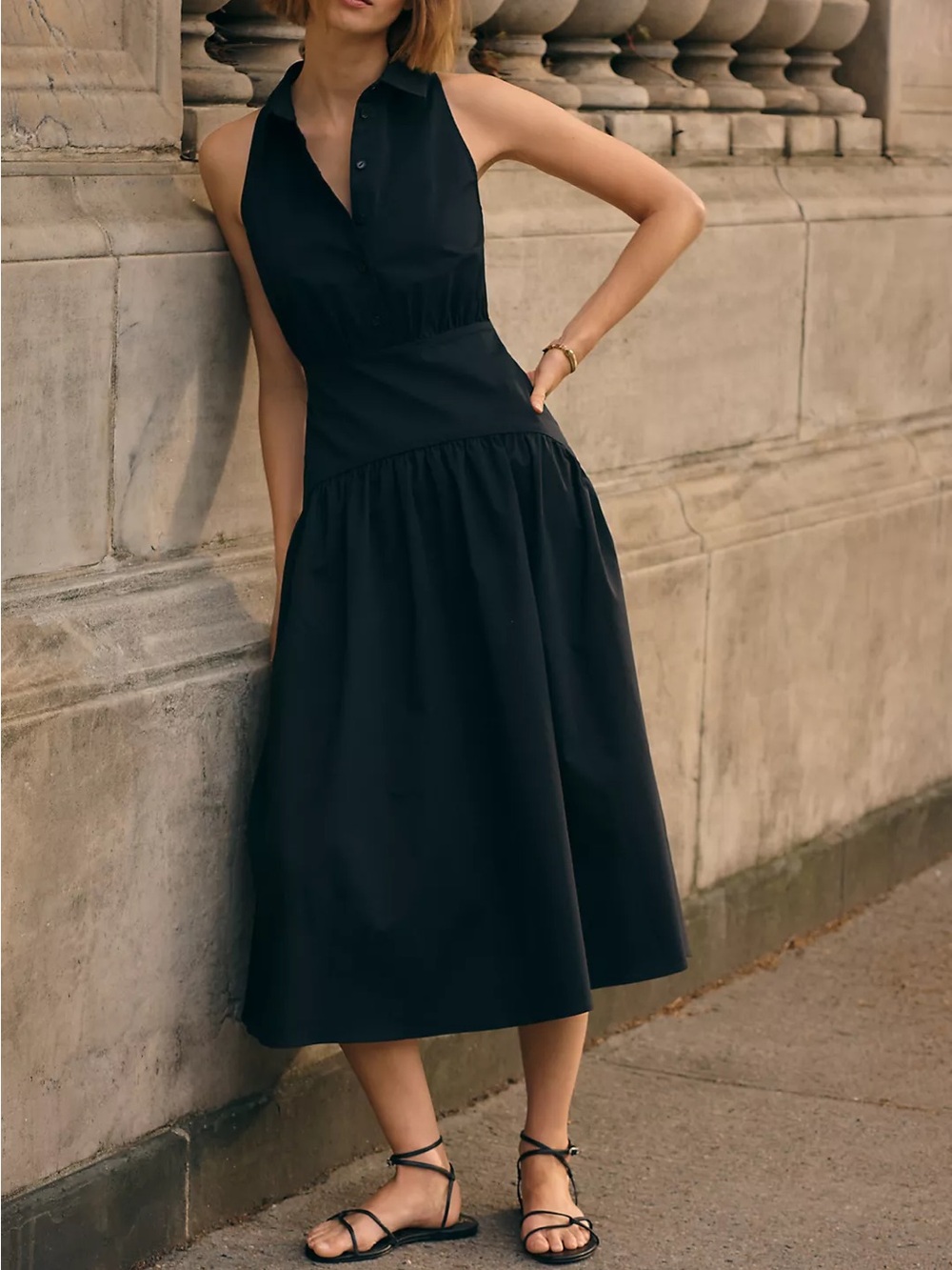 Anthropologie Exquise Tobie Drop-Waist Midi Shirtdress Dress in Black NWT Petite